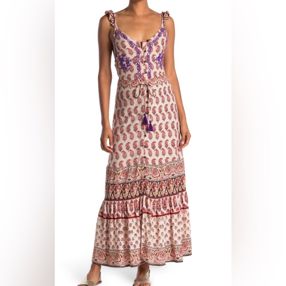Anthropologie Raga Blooming Trails Paisley Ruffle Strap Maxi Dress Sz L Backless